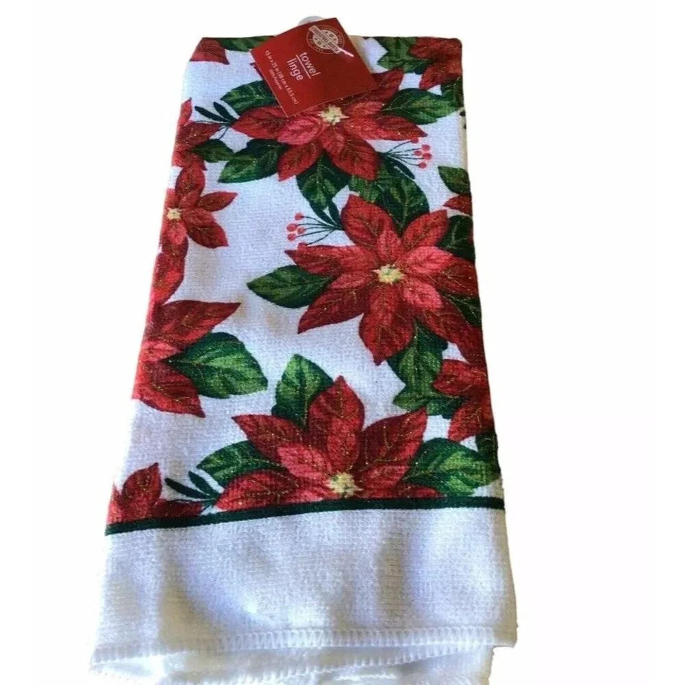 4 Set Poinsettia Holiday Kitchen Decor 2 Potholders, 1 Oven Mitt, 1 Dish Towel